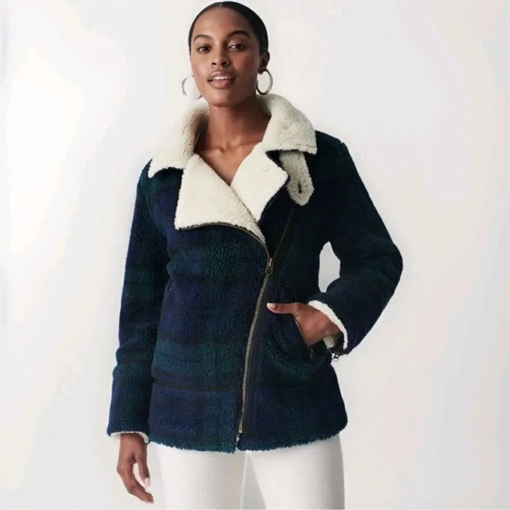 FAHERTY Montana Faux Shearling Plaid Asymmetric Zip Moto Coat Blue Sherpa Medium